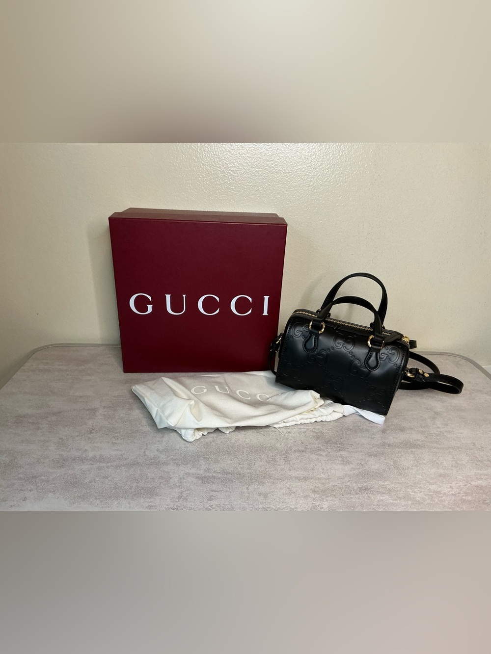 Gucci Black Embossed Mini Boston Bag with Gold Hardware